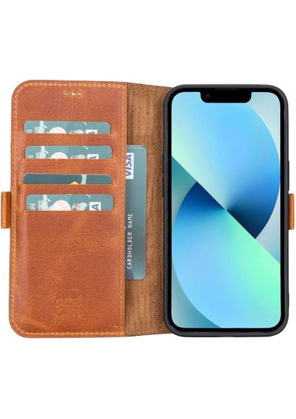 Mulvxurg URG02 Apple Iphone 13 Uyumlu Deri Cüzdanlı Kılıf Antik Taba (Mulvix)