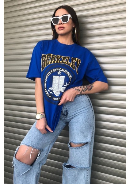 Oversize Mavi Berkeley Logo Baskılı Kadın T-Shirt