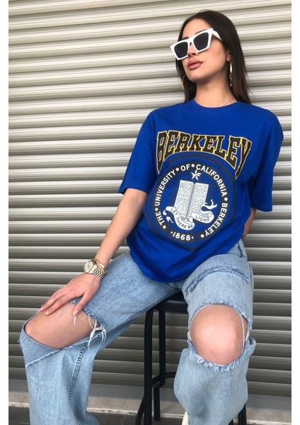Oversize Mavi Berkeley Logo Baskılı Kadın T-Shirt modelleri
