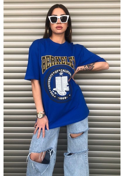 Oversize Mavi Berkeley Logo Baskılı Kadın T-Shirt