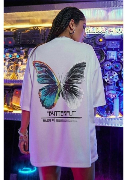 Kadın Beyaz Butterfly Oversize T-Shirt