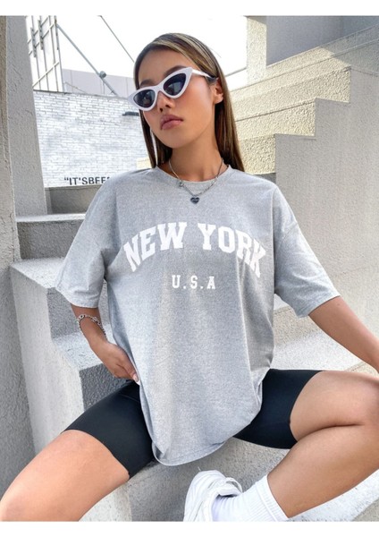 Büyük Beden U.s.a Kadın New York Baskılı Oversize T-Shirt modelleri