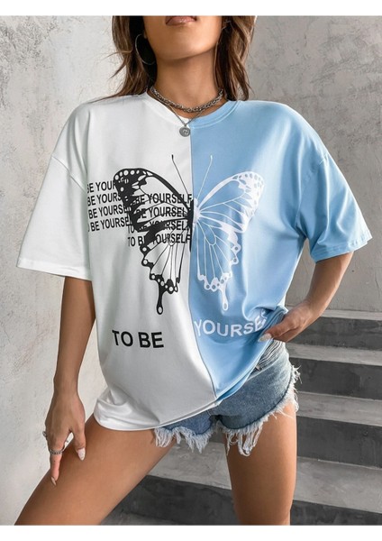 Çift Renk Kelebek Yourself Baskılı Oversize T-Shirt indirimleri