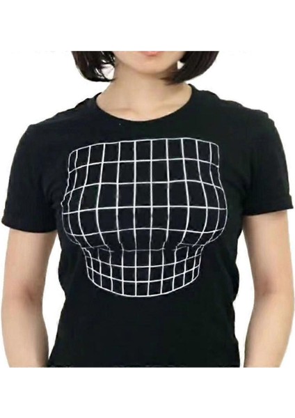 Büyük Göğüs Ilüzyon Baskılı Komik %100 Pamuk T-Shirt