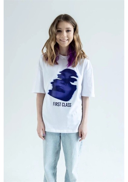 Beyaz First Class Baskılı Pamuk Oversize Bisiklet Yaka T-Shirt modelleri