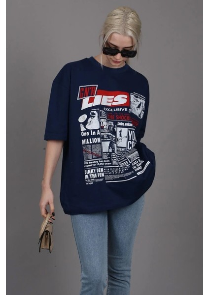 Lacivert Lies Exclusive Ön ve Arka Baskılı Oversize T-Shirt fiyatları
