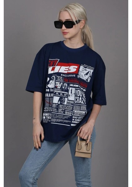 Lacivert Lies Exclusive Ön ve Arka Baskılı Oversize T-Shirt fırsatları