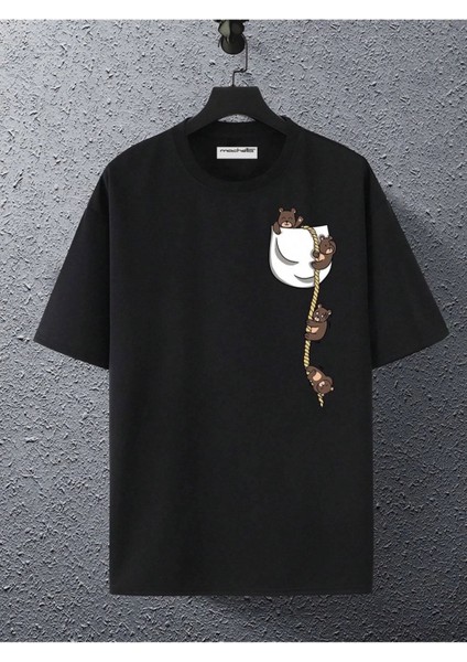 Cep Ayıcık Baskılı Oversize Unisex Pamuk T-Shirt modelleri