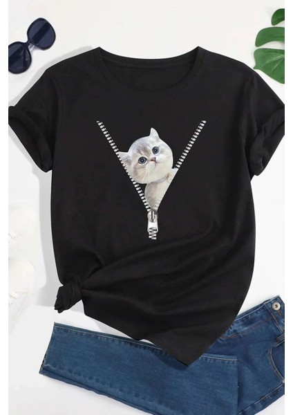 Çocuk Fermuar Kedi Baskılı Oversize T-Shirt