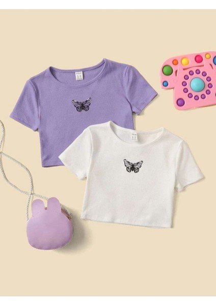 Çocuk Kelebek Baskılı 2'li Kısa Kol %100 Pamuk Crop T-Shirt