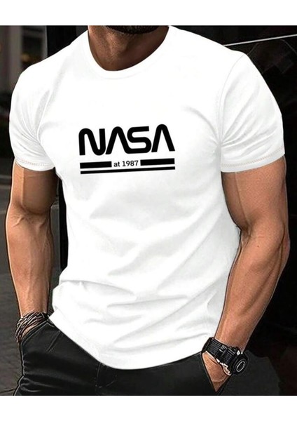Unisex Nasa Baskılı Kısa Kol %100 Pamuk T-Shirt