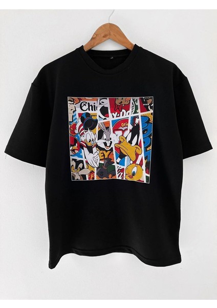 Büyük Beden Çizgi Film Karakteri Basklı Oversize T-Shirt