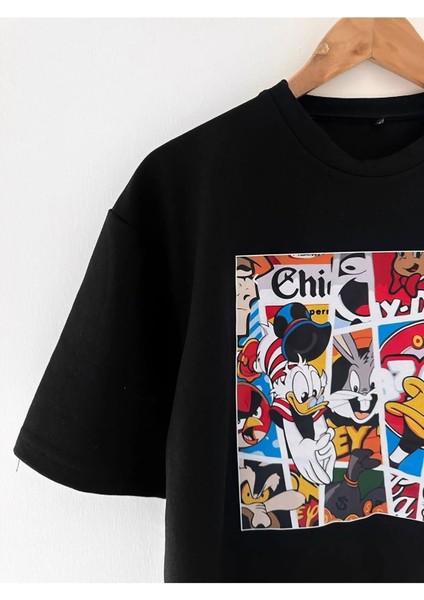 Büyük Beden Çizgi Film Karakteri Basklı Oversize T-Shirt modelleri
