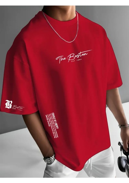 Boston Baskılı Oversize %100 Pamuk T-Shirt