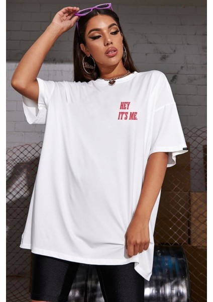 Azurco Oversize Hey It's Me Baskılı Beyaz Tshirt