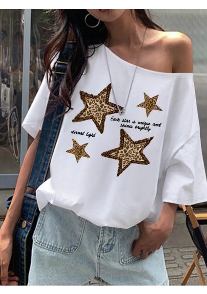 Kadın Düşük Omuz Leopar Yıldız Baskılı Kayık Yaka T-Shirt