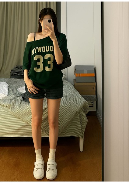 Kadın Kayık Yaka Oywouos Baskılı Oversize %100 Pamuk T-Shirt