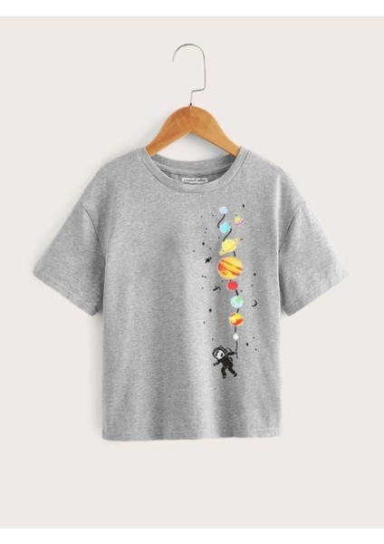 Kids Astronot Balon Gezegenler Baskılı Oversize Çocuk T-Shirt