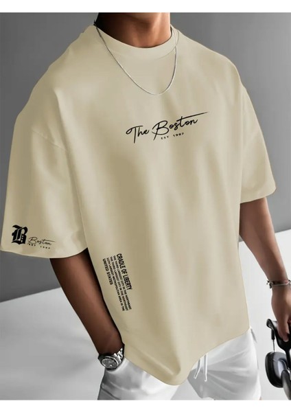 Boston Baskılı Oversize %100 Pamuk T-Shirt