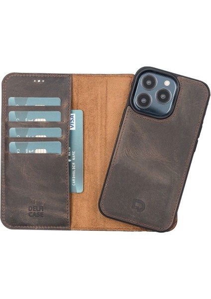 Mulvxurg URG02 Apple Iphone 13 Pro Uyumlu Deri Cüzdanlı Kılıf Acı Kahve (Mulvix)