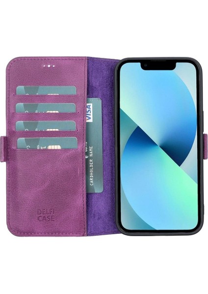 Mulvxurg URG02 Apple Iphone 13 Uyumlu Deri Cüzdanlı Kılıf Rustik Mor (Mulvix)