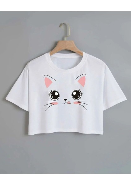 Çocuk Kedi Baskılı Oversize Crop T-Shirt