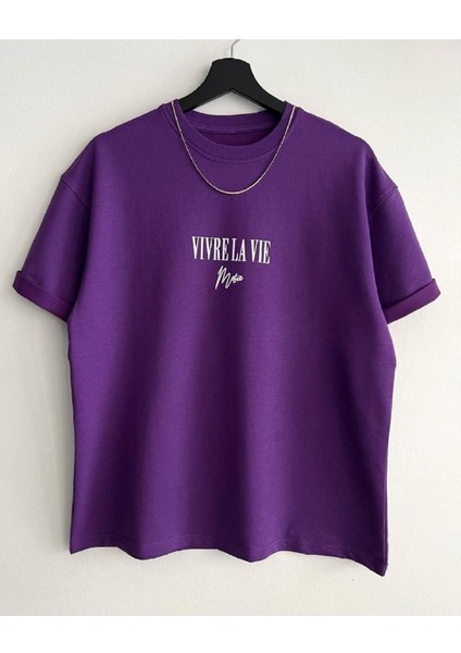 Büyük Beden Vivre La Vie( Hayatı Yaşa ) Tasarım Baskılı Oversize Pamuklu Penye T-Shirt fiyatları