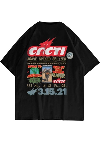 Siyah Cacti Travis Scott Baskılı Pamuk Oversize Bisiklet Yaka T-Shirt