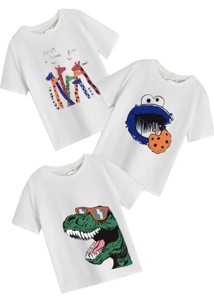 Kids Beyaz Zürafa,dinazor ve Kurabiye Canavarı Baskılı 3'lü Oversize Çocuk T-Shirtü Seti