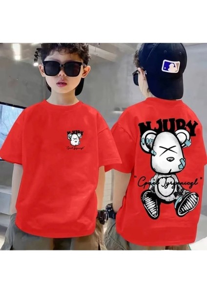 Kırmızı Njurry Ön ve Arka Baskılı Bisiklet Yaka Çocuk T-Shirt