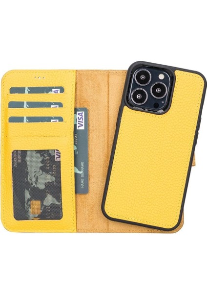 Mulvxurg URG02 Apple Iphone 13 Pro Uyumlu Deri Cüzdanlı Kılıf FL12 Sarı (Mulvix)