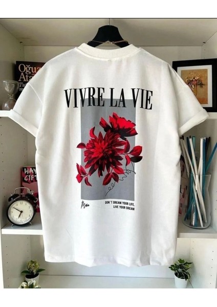 Vivre La Vie( Hayatı Yaşa ) Tasarım Baskılı Oversize Pamuklu Penye T-Shirt modelleri