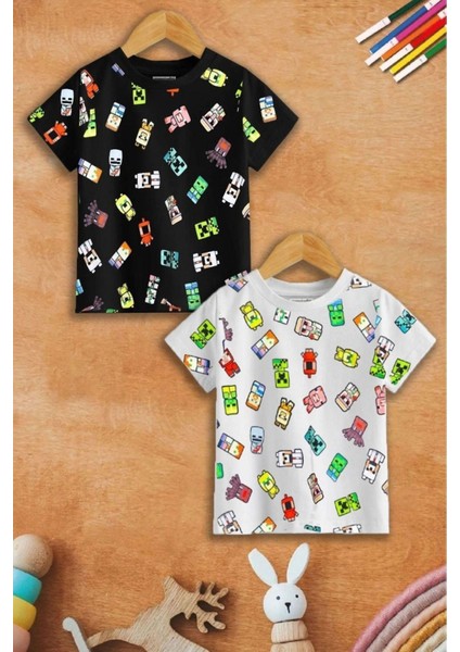 Kids Ikili Siyah ve Beyaz Oyun Karakterleri Baskılı Oversize Çocuk T-Shirt
