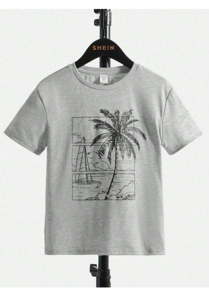 Sahil Kenarı(Beach) Baskılı Oversize Bisiklet Yaka Pamuklu Çocuk T-Shirt