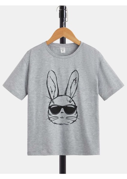 Gözlüklü Çizim Tavşan Baskılı Oversize Bisiklet Yaka Pamuklu Çocuk T-Shirt