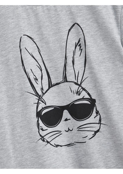 Gözlüklü Çizim Tavşan Baskılı Oversize Bisiklet Yaka Pamuklu Çocuk T-Shirt modelleri