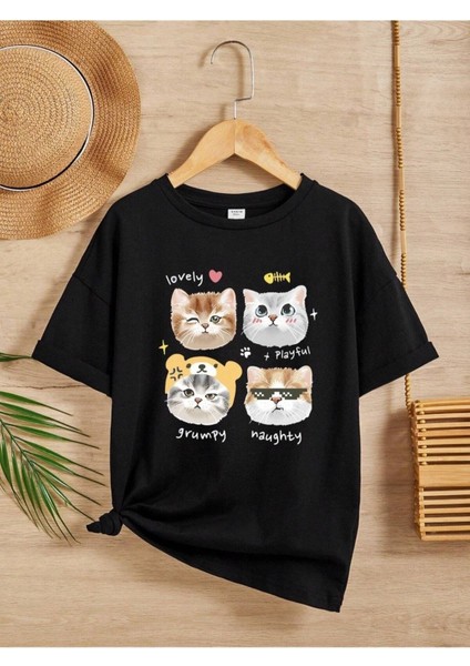Kids Siyah Kedi Emoji Baskılı Oversize Bisiklet Yaka Çocuk T-Shirt