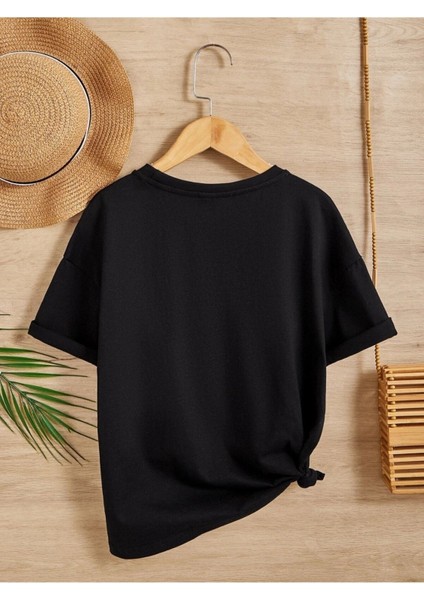 Kids Siyah Kedi Emoji Baskılı Oversize Bisiklet Yaka Çocuk T-Shirt fiyatları