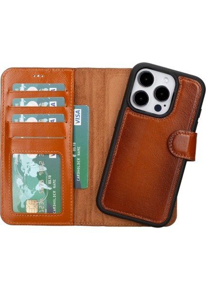 Mulvxurg URG02 Apple Iphone 15 Pro Uyumlu Deri Cüzdanlı Kılıf Mwwn RST2EF Taba (Mulvix)