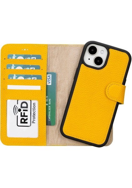 Mulvxurg URG02 Apple Iphone 15 Uyumlu Deri Cüzdanlı Kılıf Mwwn FL12 Sarı (Mulvix)