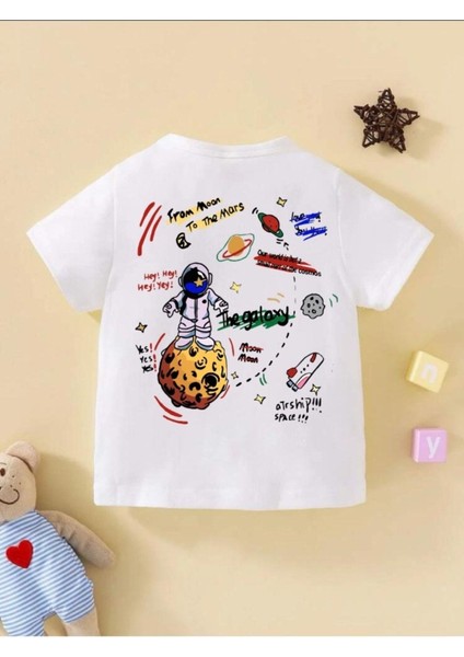 Kids Unisex Beyaz The Galaxy Gezegen Baskılı Oversize Bisiklet Yaka Çocuk Tshirtü
