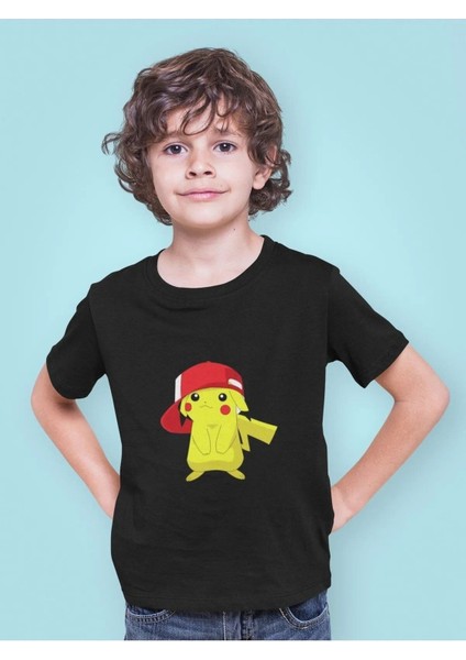 Şapkalı Pikachu Baskılı Oversize Pamuklu Çocuk T-Shirtü
