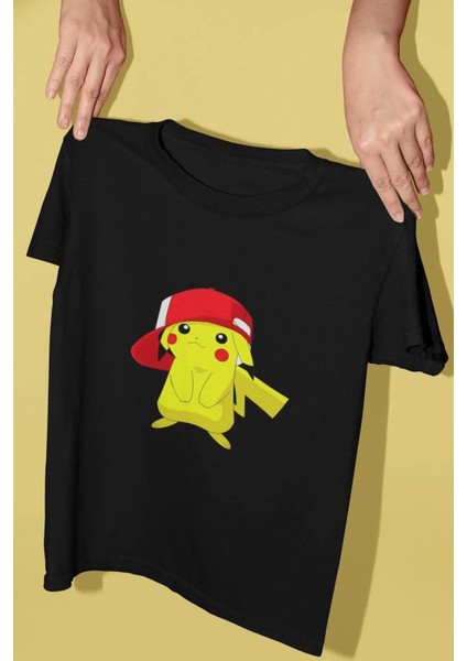 Şapkalı Pikachu Baskılı Oversize Pamuklu Çocuk T-Shirtü modelleri
