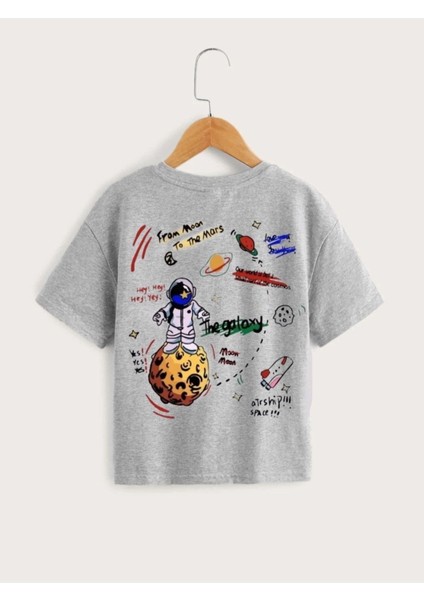 Kids Unisex Gri The Galaxy Gezegen Baskılı Oversize Bisiklet Yaka Çocuk Tshirtü