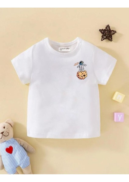 Kids Unisex Beyaz The Galaxy Gezegen Baskılı Oversize Bisiklet Yaka Çocuk Tshirtü fiyatları