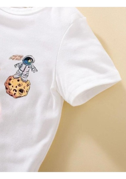Kids Unisex Beyaz The Galaxy Gezegen Baskılı Oversize Bisiklet Yaka Çocuk Tshirtü modelleri