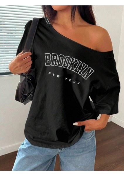 Büyük Beden Kayık Yaka Brooklyn Baskılı Oversize %100 Pamuk T-Shirt