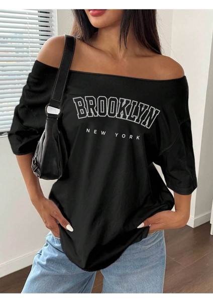 Büyük Beden Kayık Yaka Brooklyn Baskılı Oversize %100 Pamuk T-Shirt modelleri