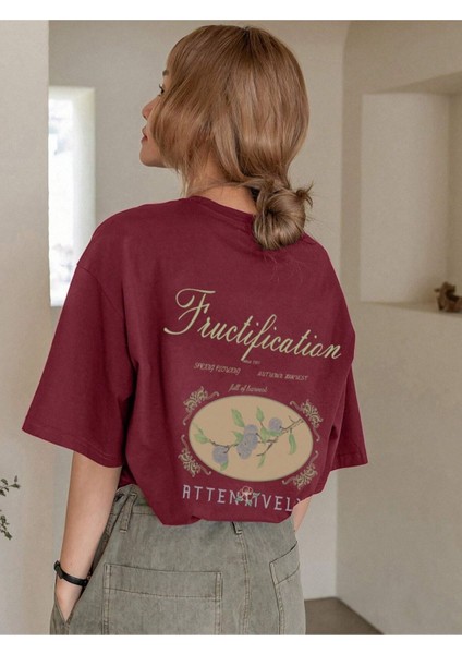 Bordo Fructification Baskılı Oversize T-Shirt