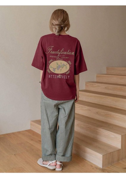 Bordo Fructification Baskılı Oversize T-Shirt modelleri